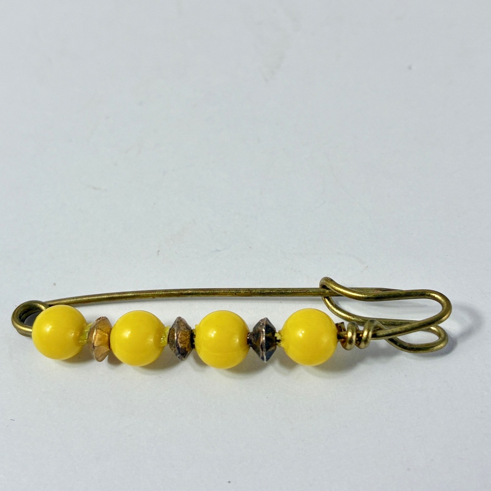 VTG  Yellow Beaded Brass Safety Pin Flamenco Shawl Pin Brooch Scarf Accessory